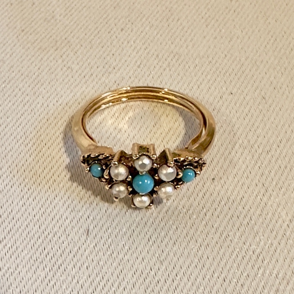 Vintage Faux Turquoise Pearl Ring Edwardian Victorian Style Size 7